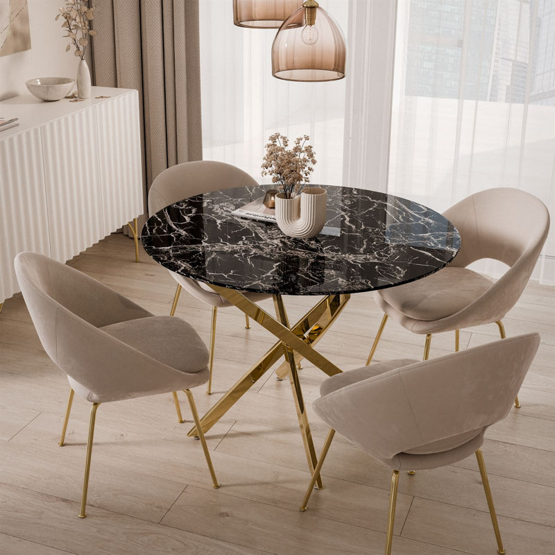 Chatalina Round Glass Top Dining Table, Black Marble