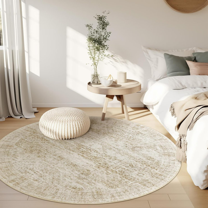 Tapis lavable rétro antidérapant (beige), Rond 5 pi