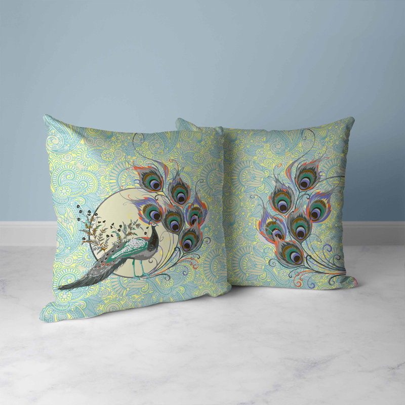 Skyblue and Yellow Paisley Peacock Faux Suede Throw Pillow