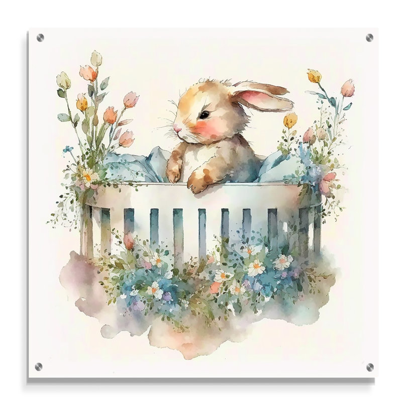 Baby Bunny In Crib With Flowers II - Lapin, art mural acrylique pour le salon, H 16 po x l 16 po