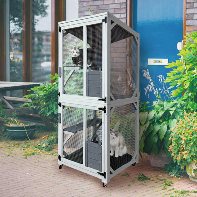 30.7"  Wooden Catio Outdoor Cat Enclosure, Luxury Cat House On Wheels With Napping House, 4 Platforms & Weatherproof Asphalt Roof, Large Kitty Cat Condo Cage Shelter Playpen With Sliding Doors
