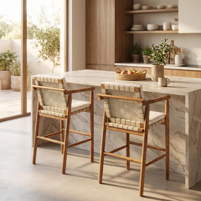 Ensemble de 2 tabourets de bar à hauteur de comptoir d'extérieur, tabourets de patio en bois d'acacia avec dossier, accoudoirs et coussins amovibles beiges