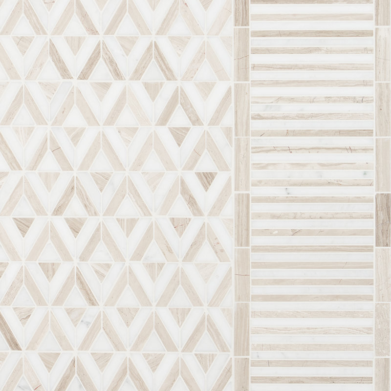 Monroe 8x8 Triangle Polished Marble Mosaic Tile, Beige/White