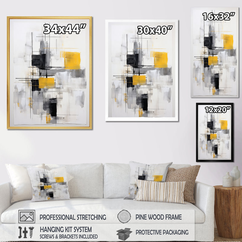 «Freedia» gris jaune, minimalisme pureté de la forme II sur toile, Cadre flottant noir, H 32 po x l 16 po x P 1 po