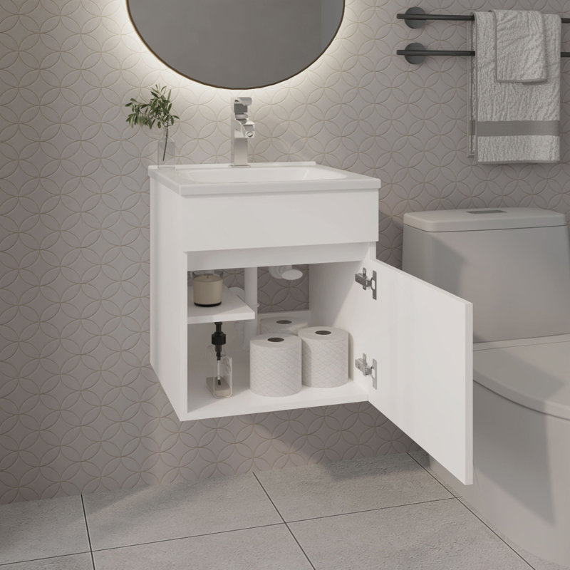 Meuble-lavabo flottant blanc avec lavabo et 1 porte