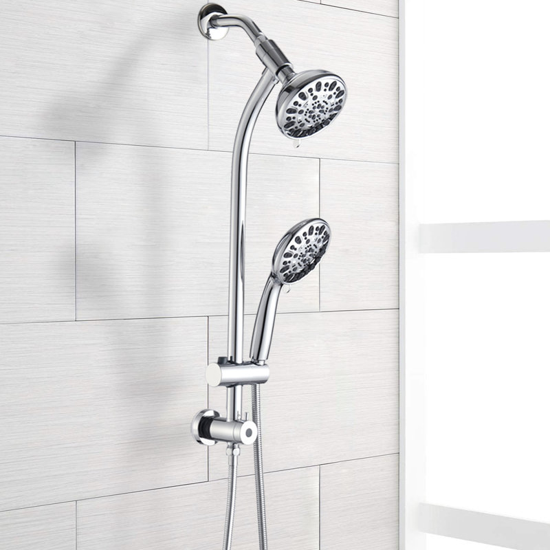 Finish Shower - 7 Spray Patterns, Dual Head, Stainless Steel Slide Bar, Wall Mounted, 1.8 Gpm Flow Rate Showerhead 1/2" Connection,
