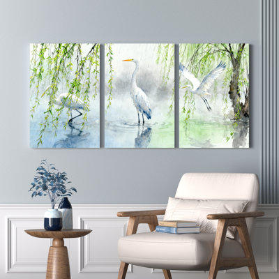 Ensemble de 3 tableaux aquarelle sur toile tendue, représentant un héron blanc et un saule, pour la décoration du salon, de la chambre et de la maison.