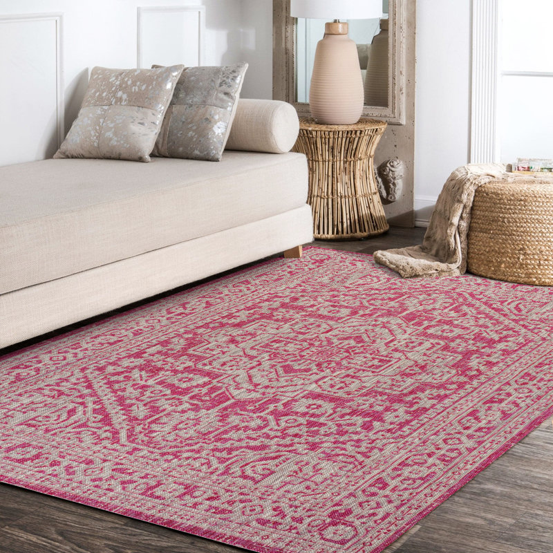 Aaleayah Medallion Textured Weave Fuchsia/Light Gray Indoor/Outdoor Rug, Rectangle 3'11" x 6'