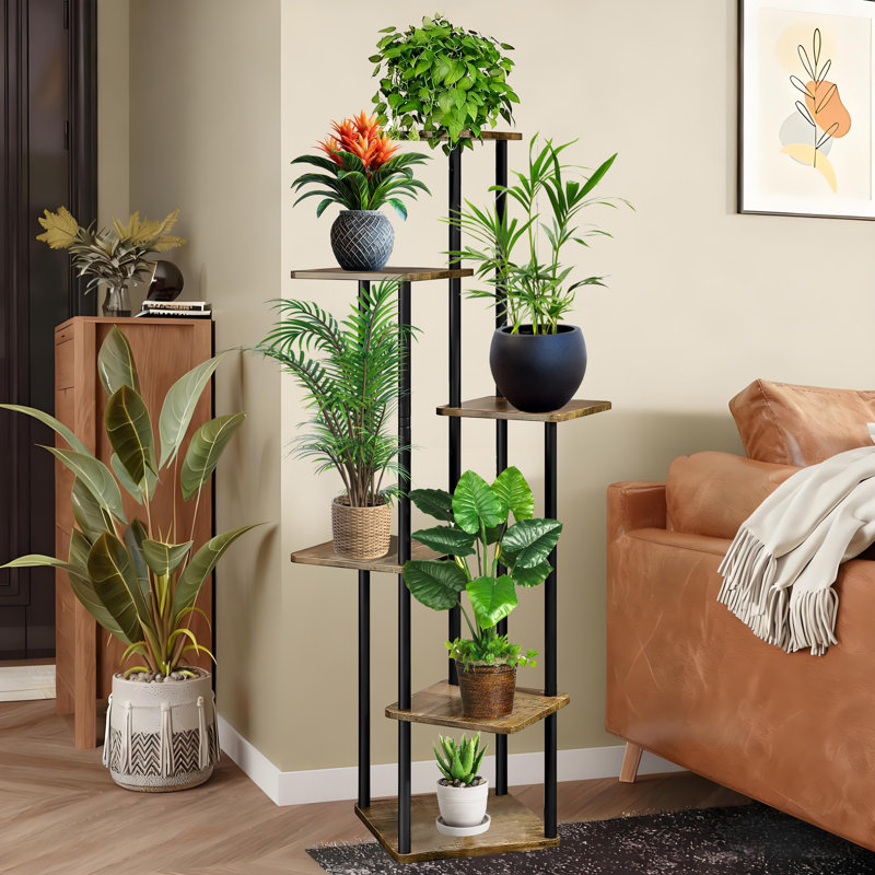 Étagère à plantes à 6 niveaux en métal et en bois, support d'angle à plusieurs niveaux pour plusieurs plantes, présentoir moderne pour pots de fleurs d'intérieur pour salon, patio, balcon (brun rustique)