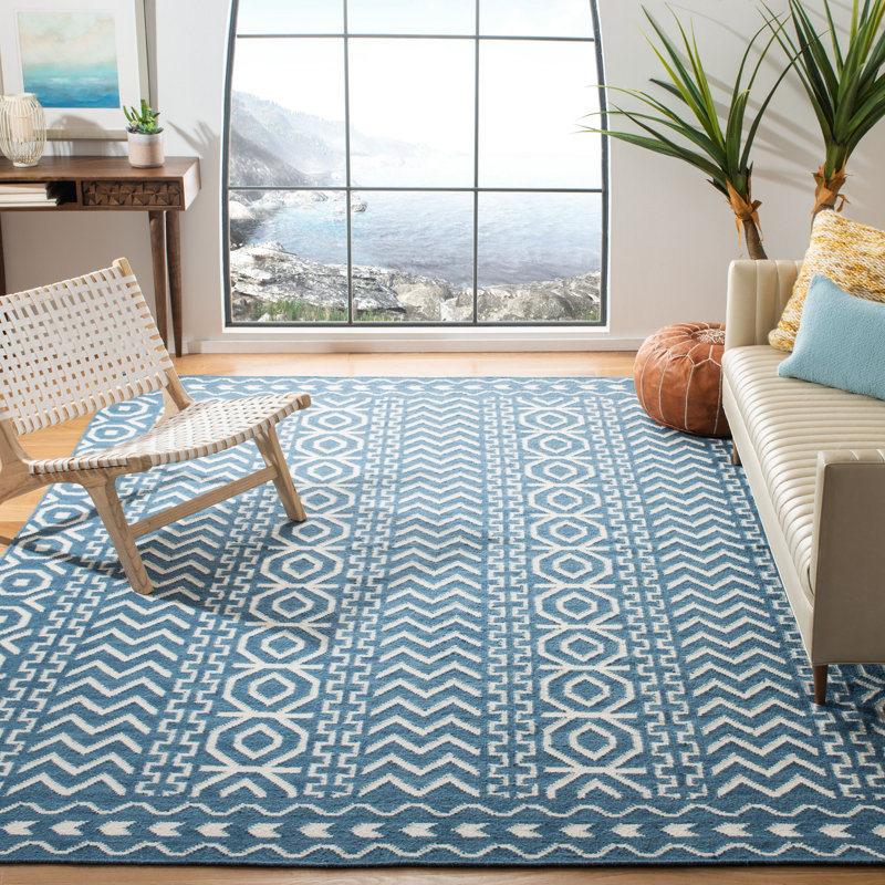 Tapis géométrique tissé à la main en laine / coton Rodgers bleu foncé / ivoire, Rectangle 4 pi x 6 pi