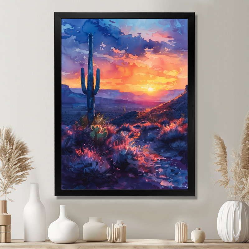 Cactus vert, mauve, désert, coucher de soleil III - décoration murale cactus floral, H 20 po x l 12 po x P 1 po