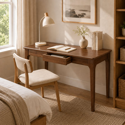 Bureau d'écriture en bois massif avec 2 tiroirs, bureau d'ordinateur Mid-Century moderne de 47 po pour chambre à coucher, salle d'étude, salon et petits espaces