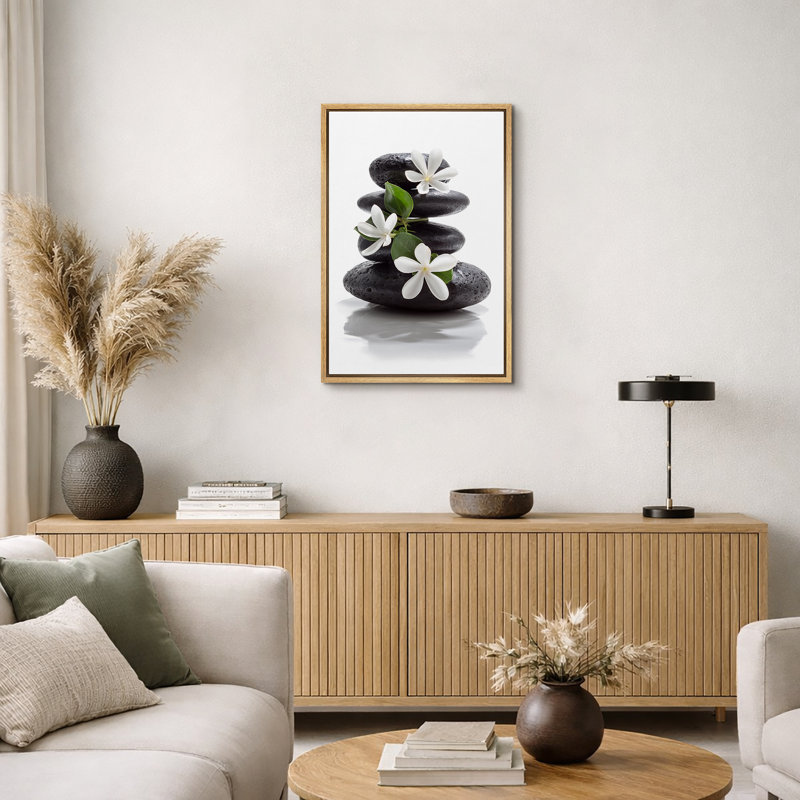 Zen Stones Basalt with Calming Plumeria Flowers Relaxing Bathroom Pictures On Canvas Print Wall Art, 24" H x 16" W