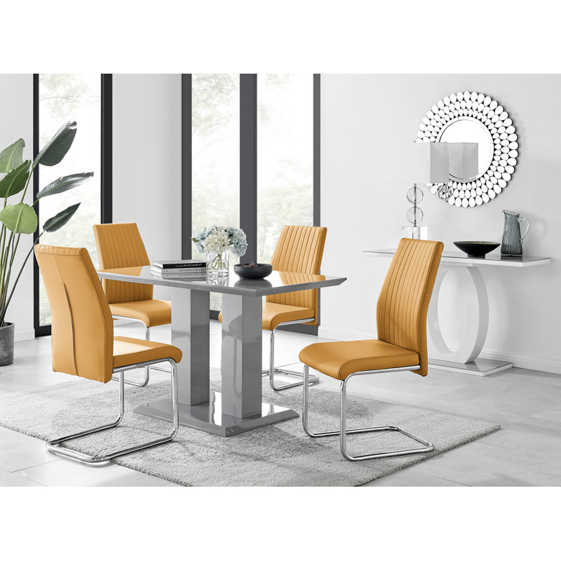 Edzard Double Pedestal High Gloss Dining Table Set with 4 Luxury Faux Leather Dining Chairs, Mustard