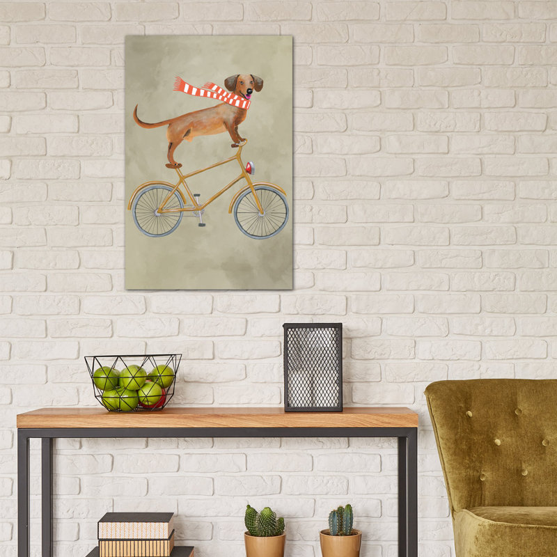 « teckel on bicycle ii », reproduction d’art sur toile, H 18 po x l 12 po x P 1,5 po, Toile tendue, Pas de tapis
