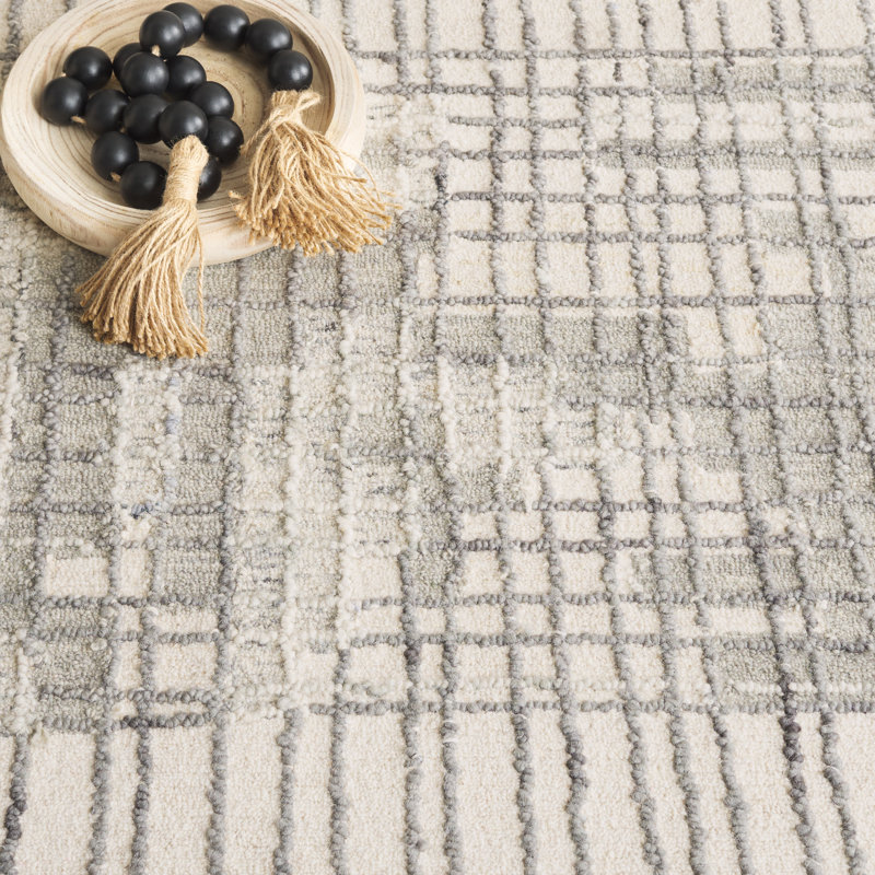 Veonica Hand Tufted Wool/Cotton Abstract Rug in Gray/Ivory/Dark Gray, Rectangle 5' x 8'