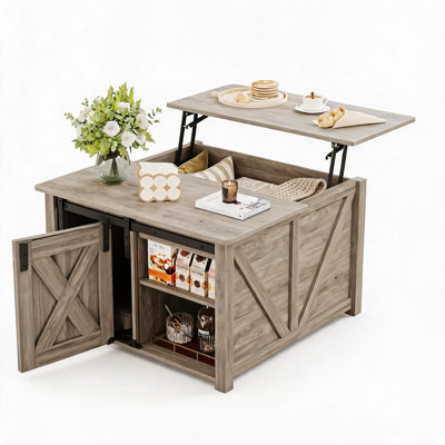 Farmhouse 31.5 Inch Square Coffee Table with Large Hidden Storage Compartment, Rustic Wood-Look Center Table for Living Room, Gray