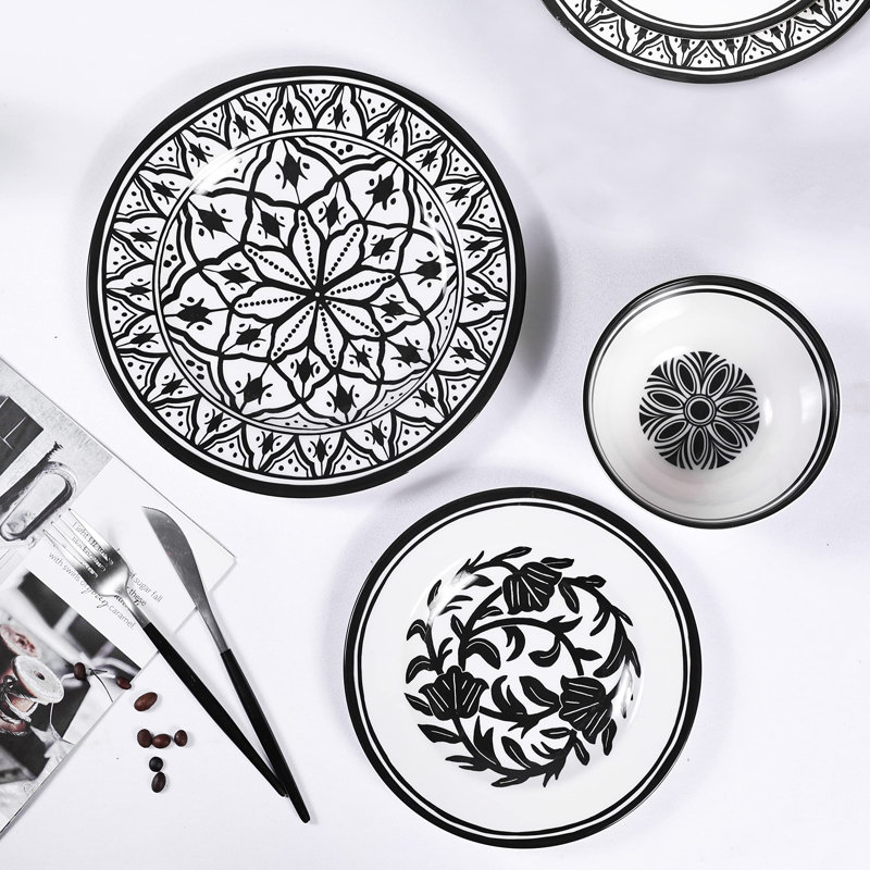 Black and White Melamine Dinnerware Set, Service for 4