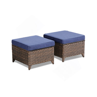 Ensemble de 2 repose-pieds d'extérieur en osier PE avec coussins bleus pour la cour ou la terrasse