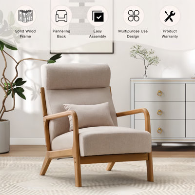66cm Wide Mid-Century Solid Wood Frame Upholstered Armchair with Lumbar Support Pillow