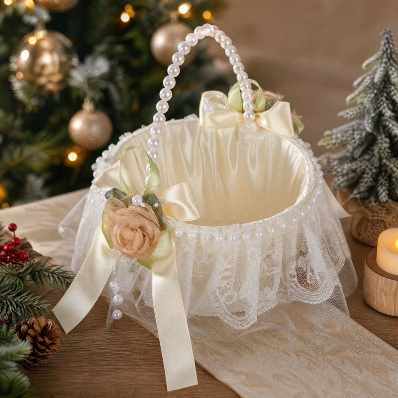 Décoration de Noël : Panier de rangement rond tressé avec poignées en dentelle et perles, idéal pour les fêtes, à poser sur une table ou une étagère. Cadeau idéal pour la maison ou la maison.