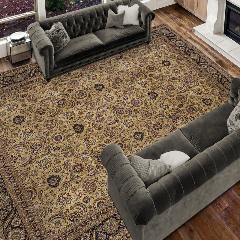 Hand Knotted Wool Area Rug in Gold And Navy