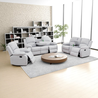 3-pieces Linen Fabric Manual Recliner Sofa Set