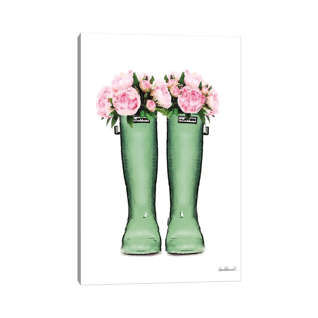 Leinwandbild Hunter Boots in Green & Pink Peonies von Amanda Greenwood