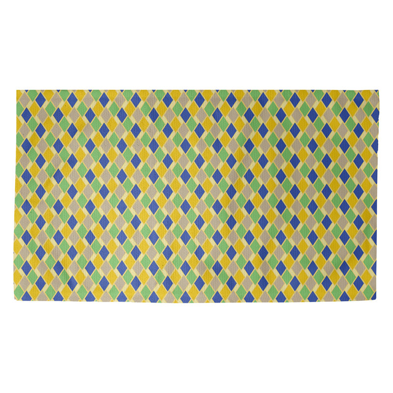 Paillasson dobby intérieur diamants rétro Avicia, Rectangle 2 pi 1 1/2 po x 3 pi 6 po, Jaune / bleu / vert