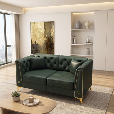 61.8" Modern Luxury Modular 2-Seater Chesterfield Sofa with Green Faux Leather and Pillows