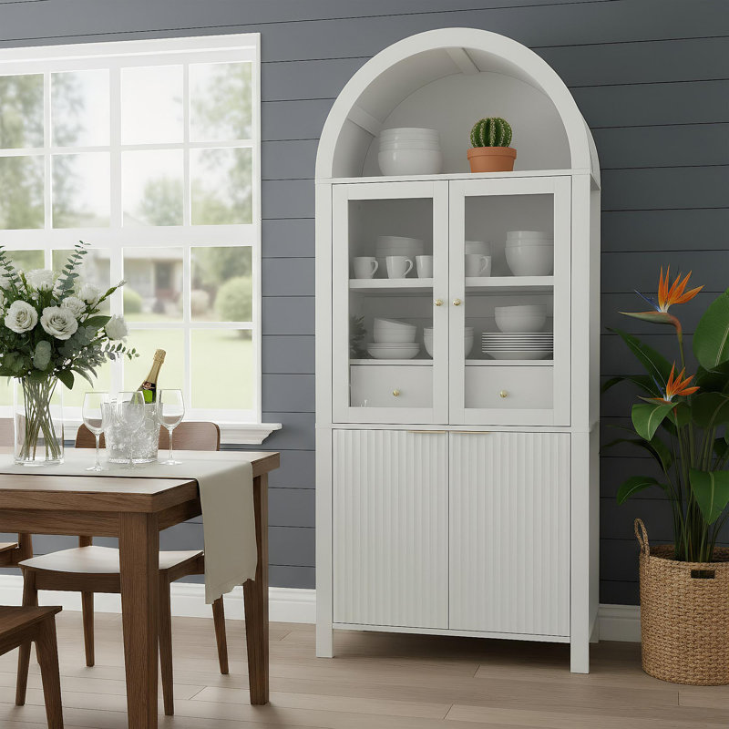 Fluted Tall Arched Pantry Cabinet with Adjustable Shelves, Elegant Display Storage with Hidden Drawer & Glass Door for Kitchen, Living Room, Dining Room