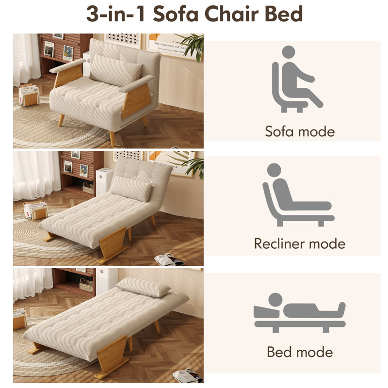 Canapé-lit rembourré convertible, chaise-lit réglable 3-en-1, H 32,3 po x l 36,6 po x P 31,5 po