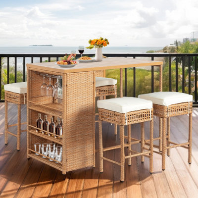 Patio 5-Piece Yellow Wicker Serving Bar Set With Beige Cushions