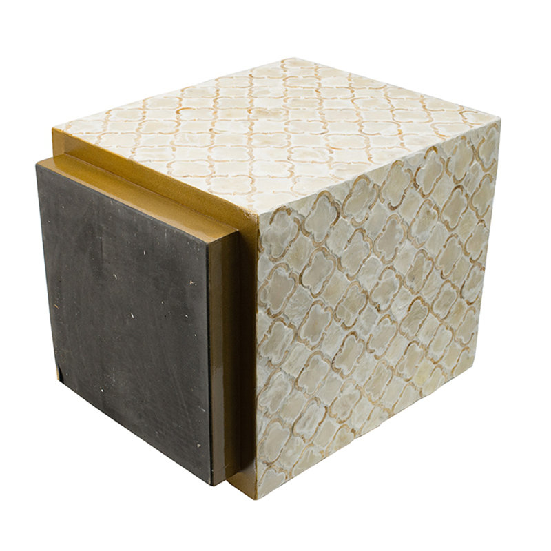 Square Capiz Accent Stool with Geometric Inlay Design – Modern Decorative Seating and Side Table