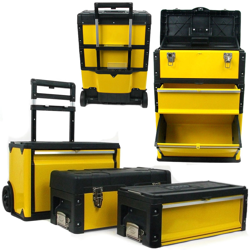 Stalwart Portable Tool Box with Wheels Stackable 3-in-1 Tool Chest Foldable Comfort Handle and Latches