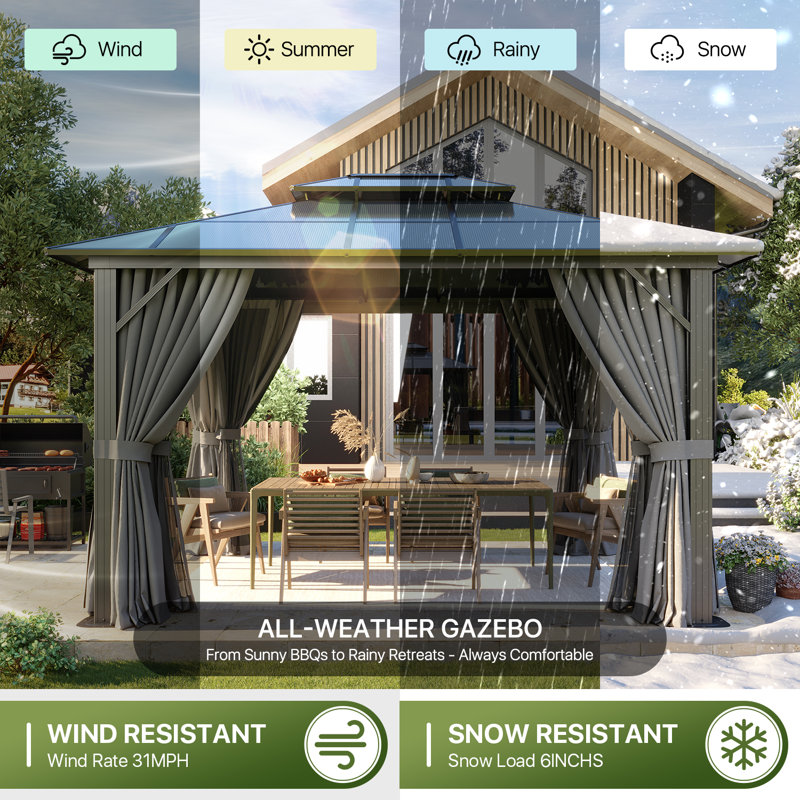 12 Ft. W x 10 Ft. D Metal Frame Patio Gazebo with Polyethylene Double Roof, 12 Ft. W x 10 Ft. D, Gray