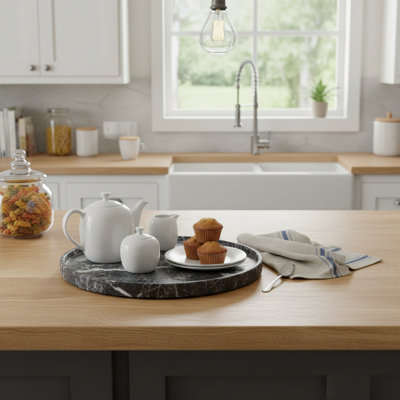 Plateau de service rond en marbre zébré noir 16 po - Élégant décor de maison et de cuisine de luxe