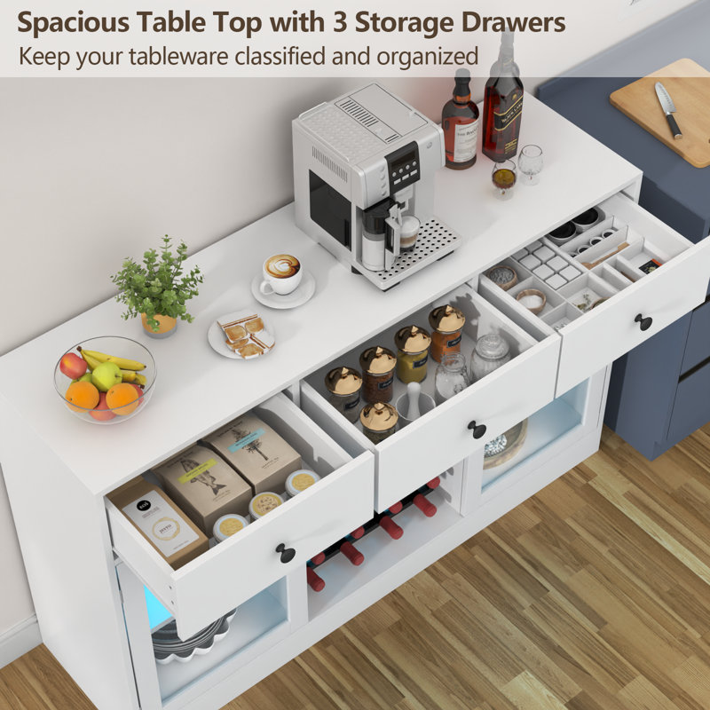 White Modern Wine Bar Cabinet with LED Lights and Glass Doors