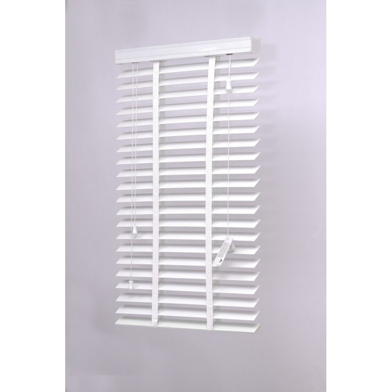 Faux Wood Venetian Blinds with Fabric Tape, Moisture-Resistant Horizontal Slats & Cord Control for Windows, White