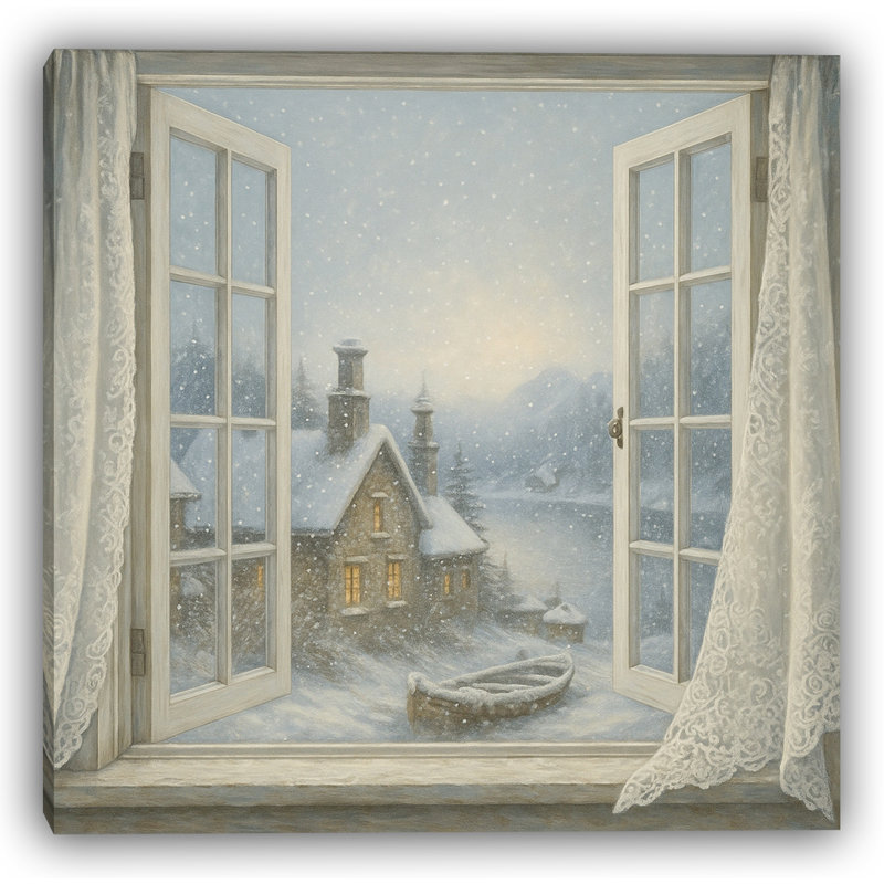Silent Nightfall - Cozy Cottage avec chutes de neige et rideaux en dentelle, H 20 po x l 20 po