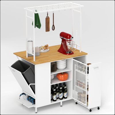Îlot de cuisine polyvalent avec bar à déjeuner pliable, rangement spacieux et crochets pour les petites cuisines et les familles