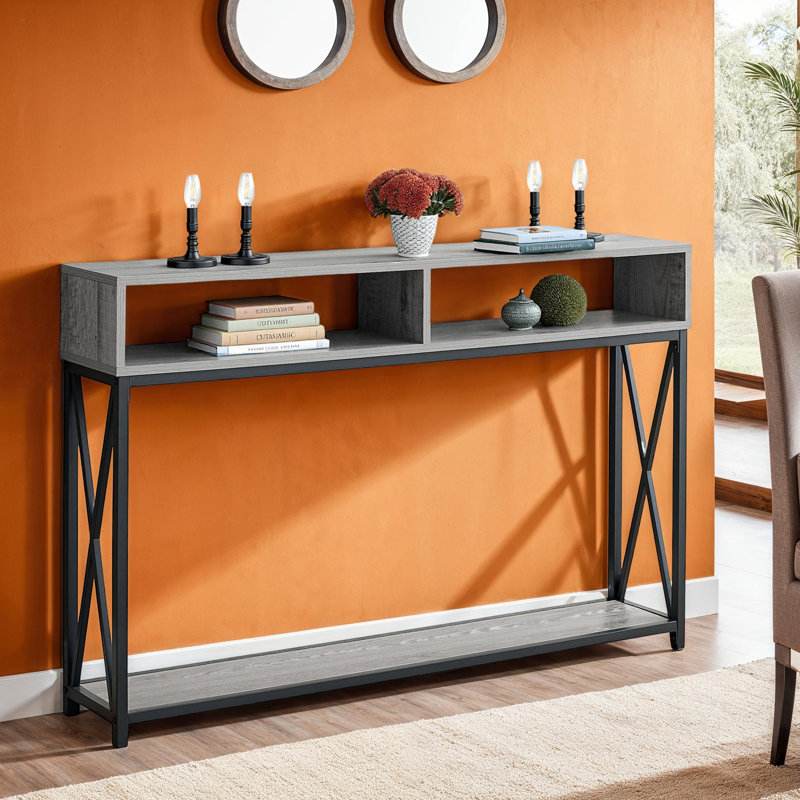 Metal X Frame Console Table with Open Shelves, Gray