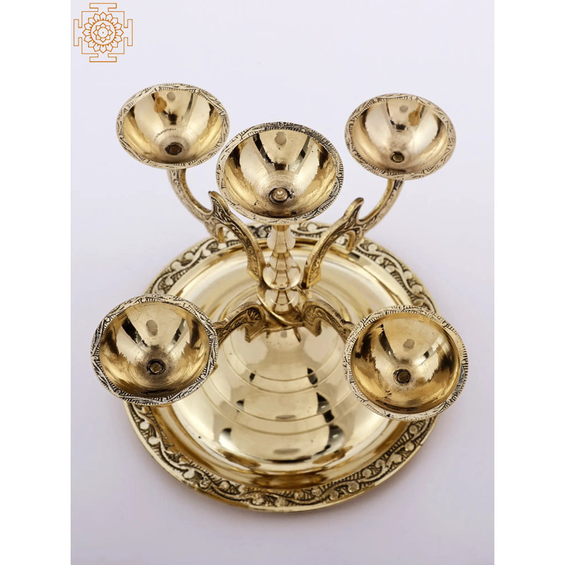 6" Handcrafted Brass 5-Arm Candle Holder – Classic Tree-Branch Candelabra & Diya Stand for Tabletop Decor​