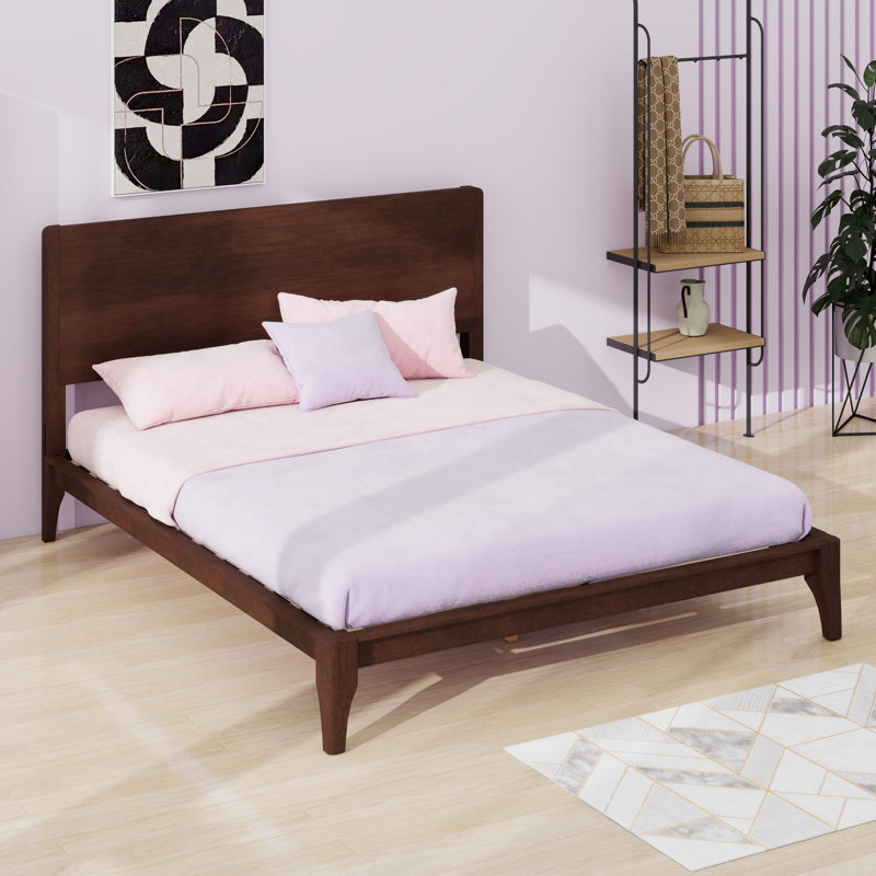 Lit plateforme en bois de bambou de style Mid-Century avec support en lattes de bois, Chocolat, Grand lit