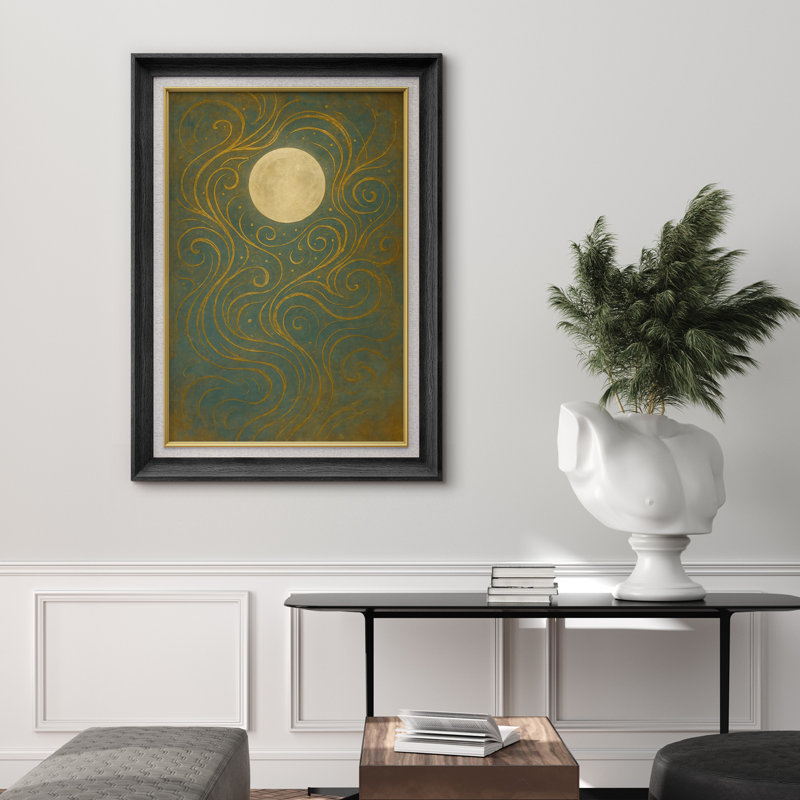 Pleine lune avec lignes dorées fluides sur fond vert foncé, impression sur toile encadrée, H 36 po x l 26 po x P 1,5 po