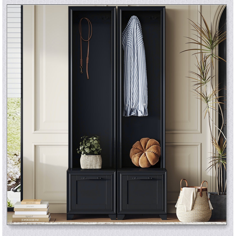 Elegant Free Standing Hall Tree Set of 2, Multifunctional 3-IN-1 Entryway Coat Rack with Black Retro Handles and Storage Drawers, Ideal for Hallways and Living Rooms