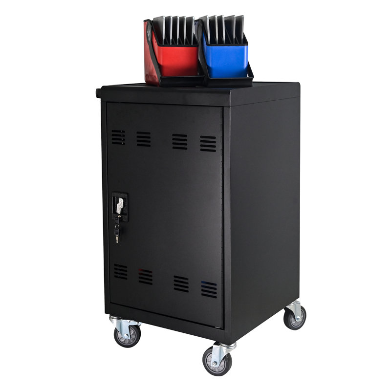 Tablet Laptop 32-Bit-Plastic Device Basket Device For Mobile Charging Trolley- Includes Cable Management Dividers, Cable Clips, Storage Compartment, And Removable Doors (Black)