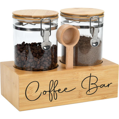 Ensemble de pots à café en verre avec tablette en bambou, cuillère, 2 contenants hermétiques, grains de café, café moulu, sucre, farine, verre borosilicaté, couvercle en bambou avec joint en silicone