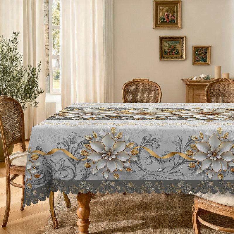 Gray Floral Pattern Design Machine-Washable Polyester Tablecloth, 70.8" L x 55.12" W
