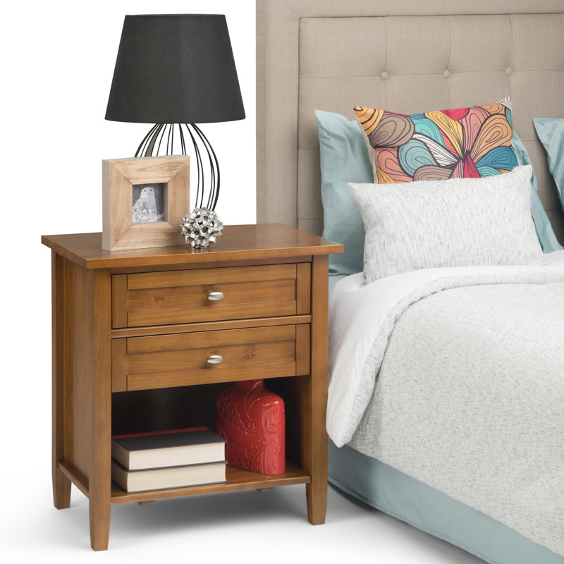 Light Golden Brown Solid Wood 2-Drawer Nightstand with Nickel Pulls